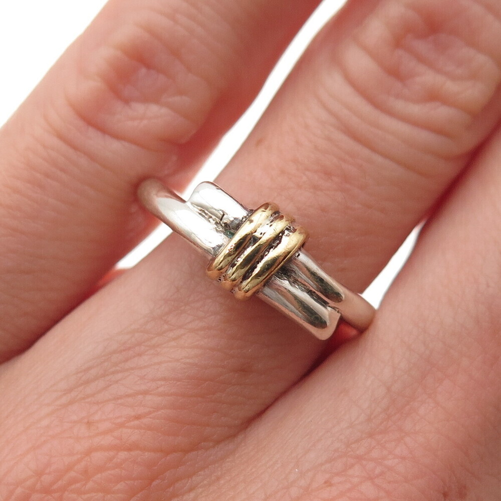 925 Sterling Silver 2-Tone Vintage Modernist Hug Ring Size 4.25